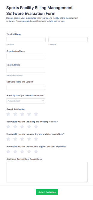 Sports Facility Billing Management Software Evaluation Form Template