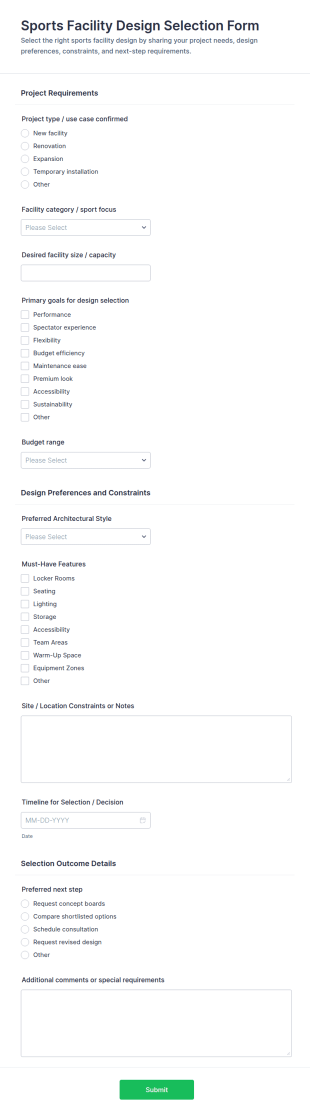Sports Facility Design Selection Form Template