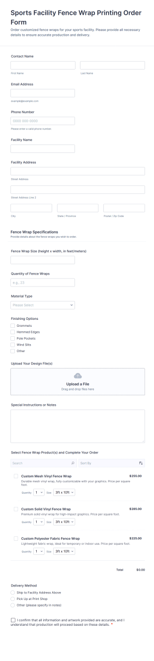 Sports Facility Fence Wrap Printing Order Form Template