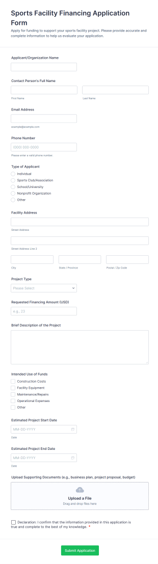 Sports Facility Financing Application Form Template