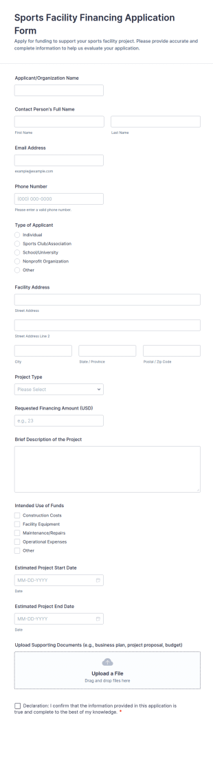 Sports Facility Financing Application Form Template