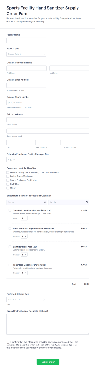 Sports Facility Hand Sanitizer Supply Order Form Template