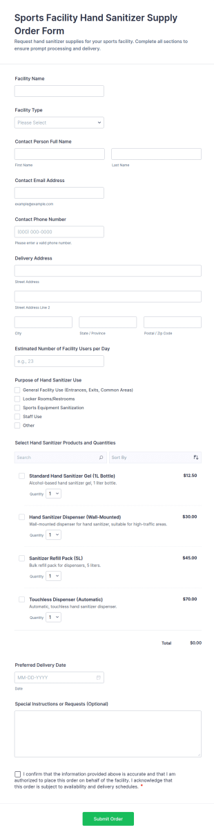 Sports Facility Hand Sanitizer Supply Order Form Template
