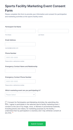 Sports Facility Marketing Event Consent Form Template