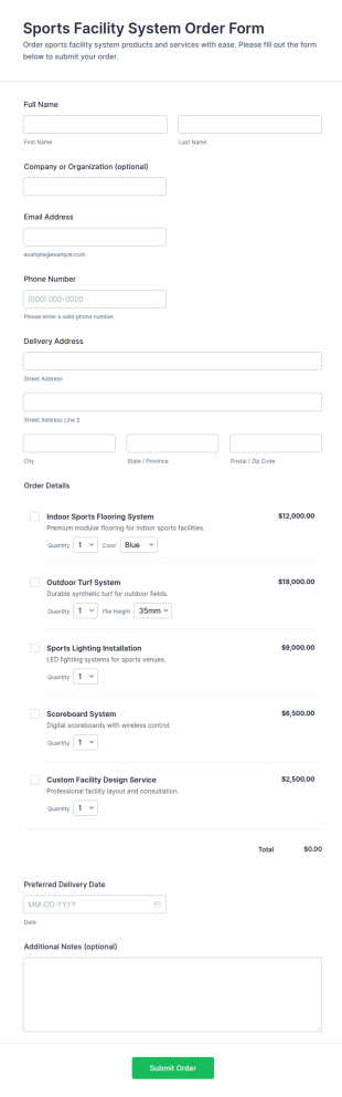 Sports Facility System Order Form Template