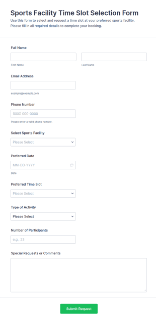 Sports Facility Time Slot Selection Form Template