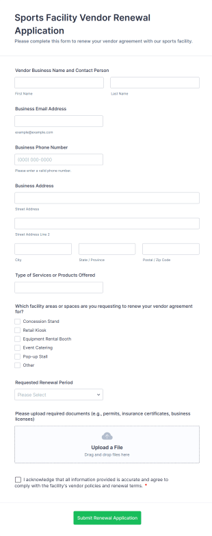 Sports Facility Vendor Renewal Application Form Template