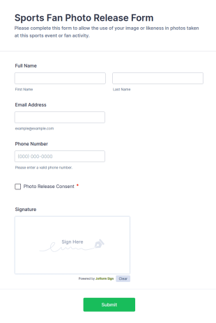Sports Fan Photo Release Form Template
