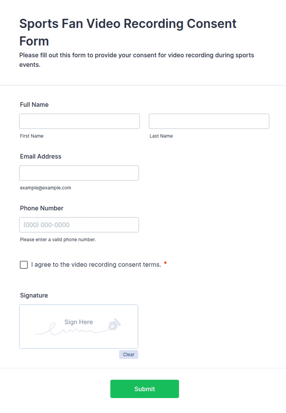Sports Fan Video Recording Consent Form Template | Jotform