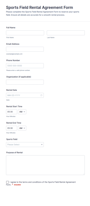 Sports Field Rental Agreement Form Template