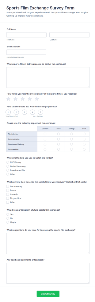 Sports Film Exchange Survey Form Template