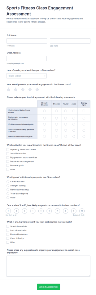 Sports Fitness Class Engagement Assessment Form Template