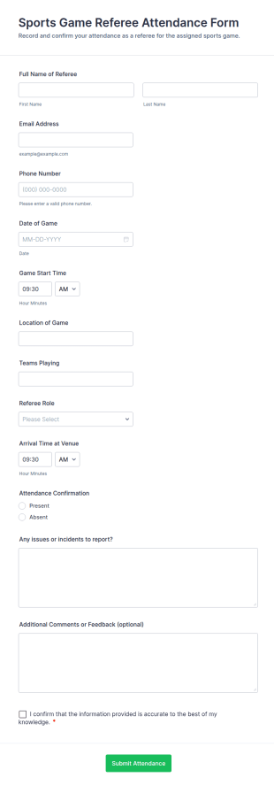 Sports Game Referee Attendance Form Template