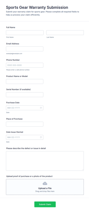 Sports Gear Warranty Submission Form Template