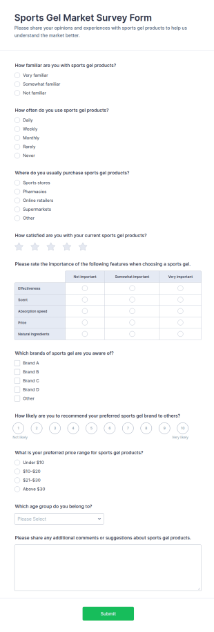 Sports Gel Market Survey Form Template