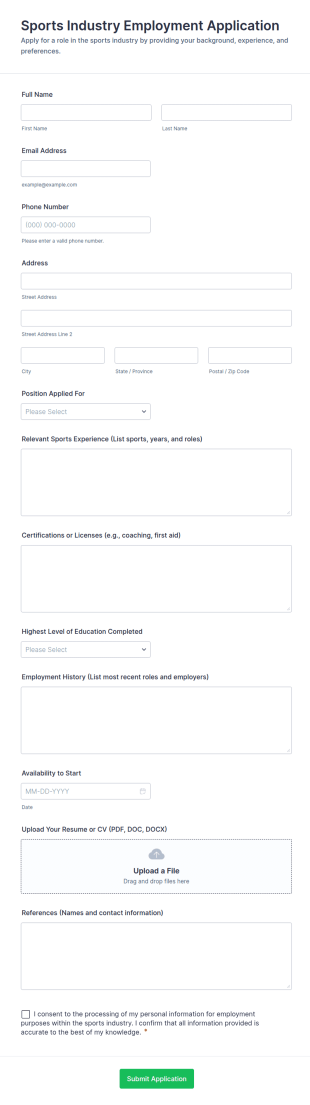 Sports Industry Employment Application Form Template