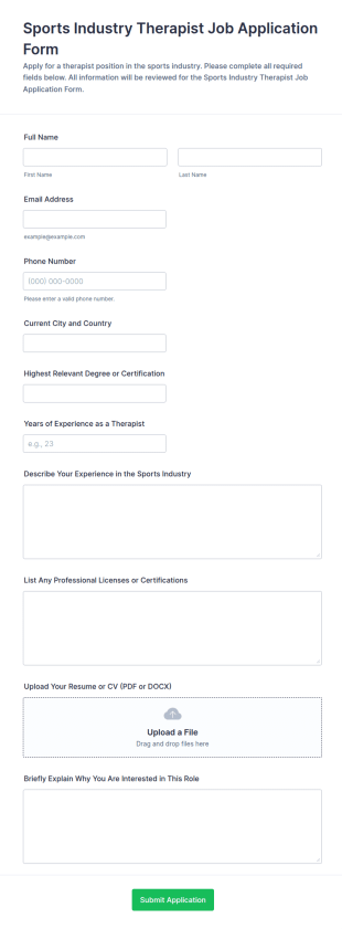 Sports Industry Therapist Job Application Form Template