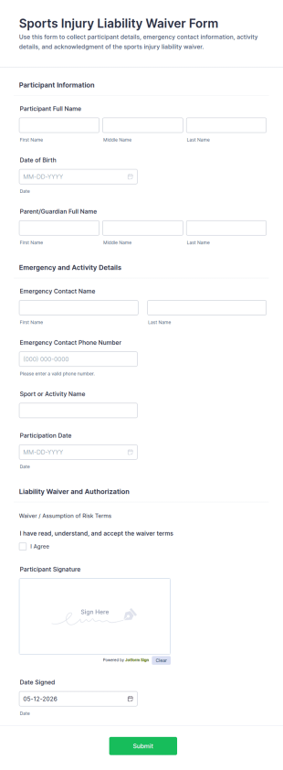 Sports Injury Liability Waiver Form Template