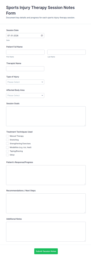 Sports Injury Therapy Session Notes Form Template