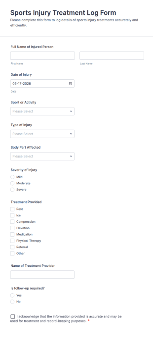 Sports Injury Treatment Log Form Template