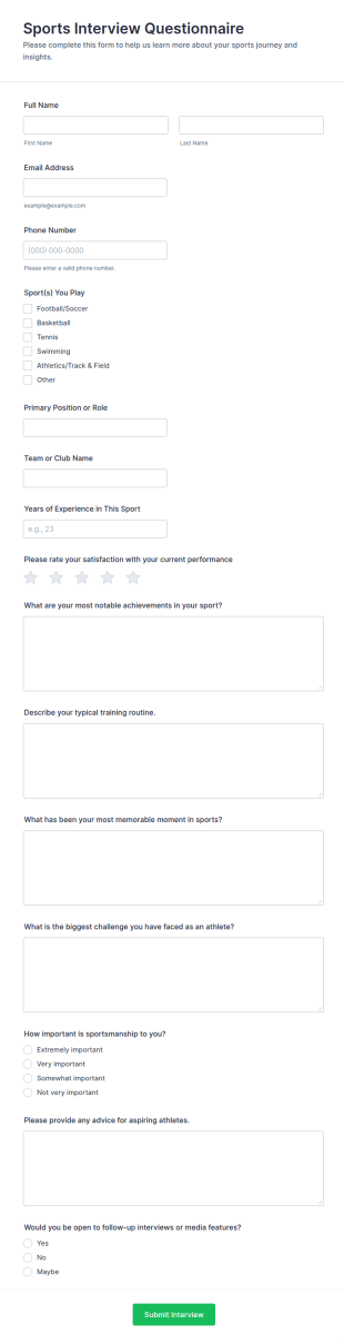 Sports Interview Questionnaire Form Template