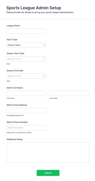 Sports League Admin Setup Form Template