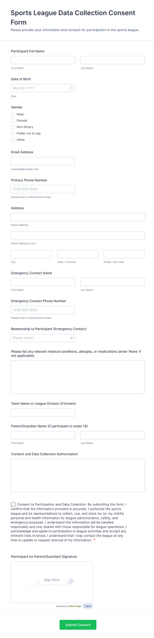 Sports League Data Collection Consent Form Template