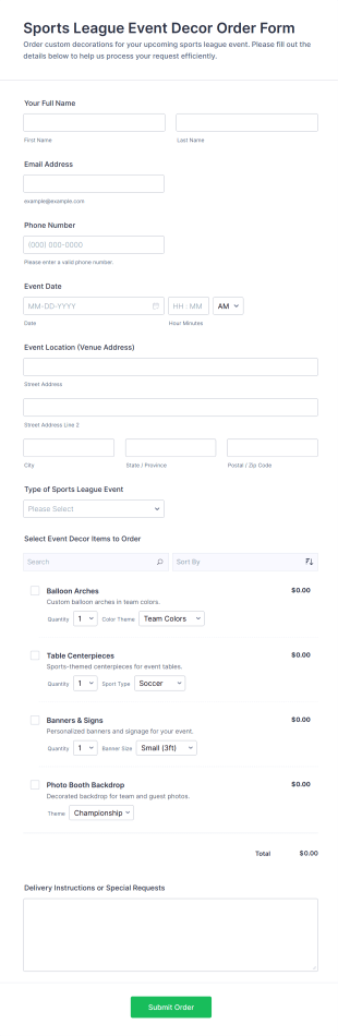 Sports League Event Decor Order Form Template