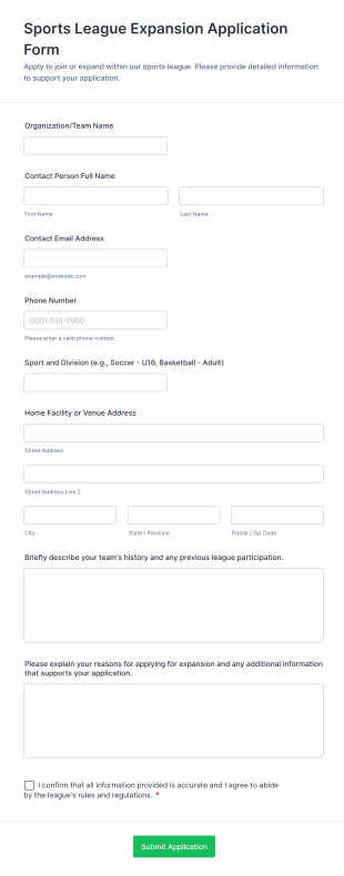 Sports League Expansion Application Form Template