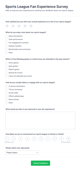 Sports League Fan Experience Survey Form Template