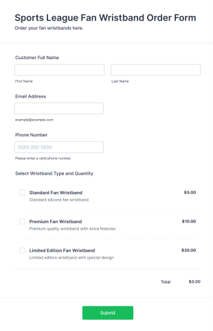 Sports League Fan Wristband Order Form Template