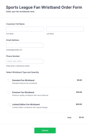 Sports League Fan Wristband Order Form Template
