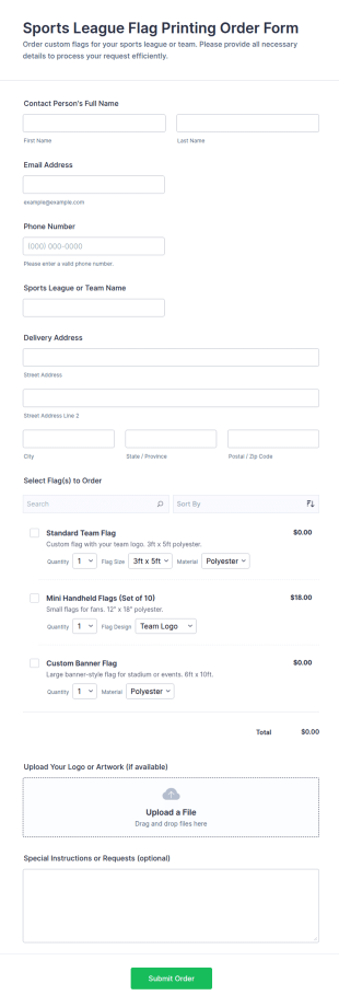 Sports League Flag Printing Order Form Template