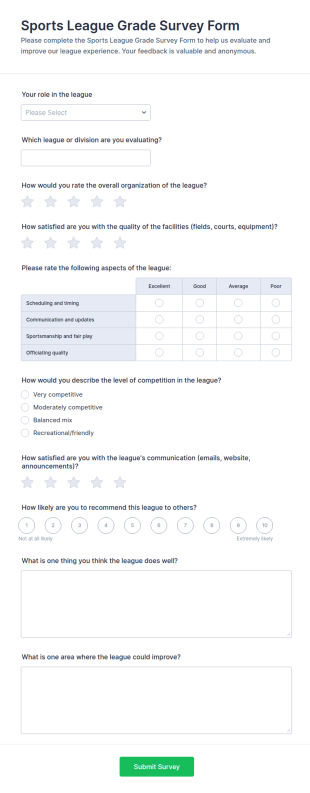 Sports League Grade Survey Form Template