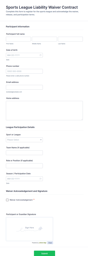 Sports League Liability Waiver Contract Form Template