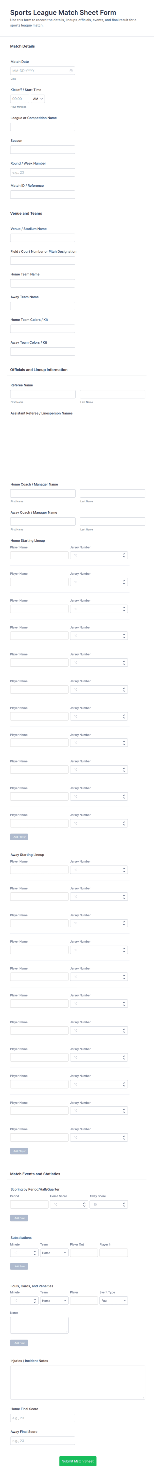 Sports League Match Sheet Form Template