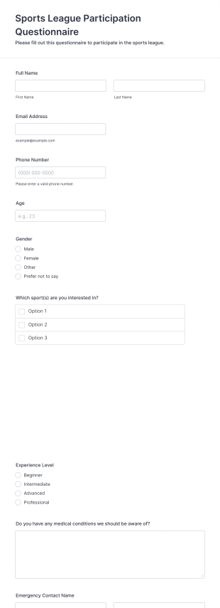 Sports League Participation Questionnaire Form Template