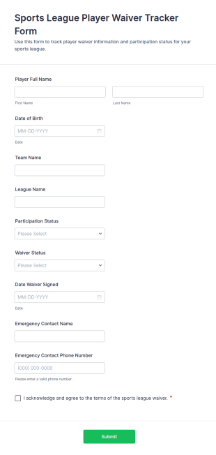 Sports League Player Waiver Tracker Form Template