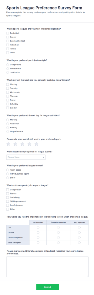 Sports League Preference Survey Form Template