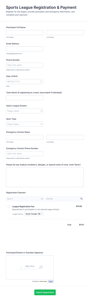 Sports League Registration And Payment Form Template