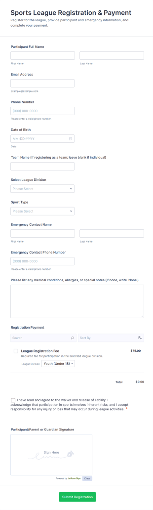 Sports League Registration & Payment Form Template