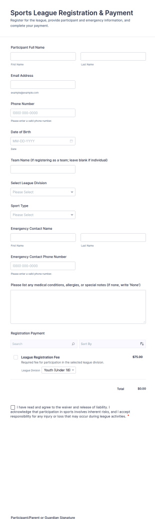 Sports League Registration & Payment Form Template