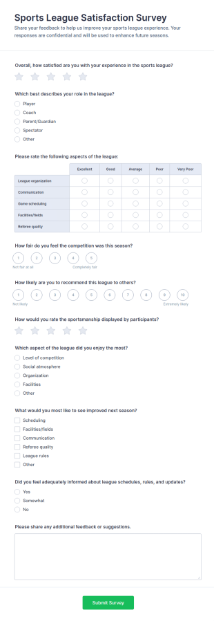 Sports League Satisfaction Survey Form Template