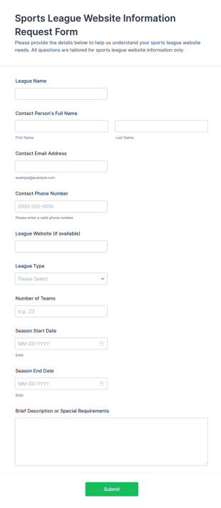 Sports League Website Information Request Form Template