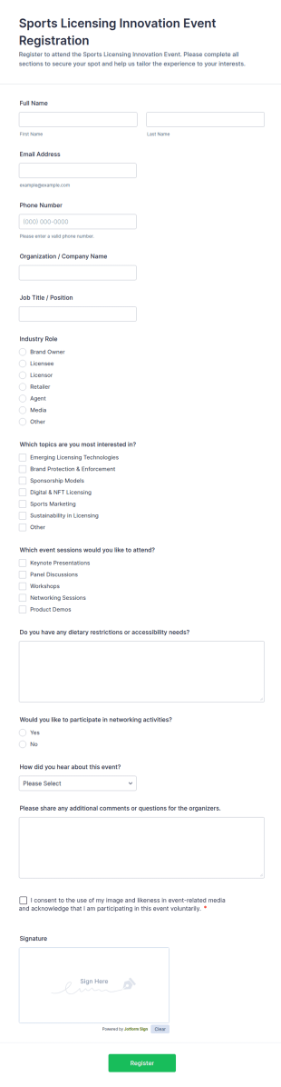 Sports Licensing Innovation Event Registration Form Template