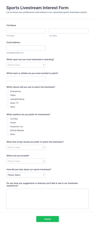 Sports Livestream Interest Form Template