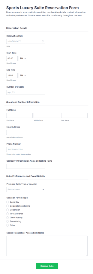 Sports Luxury Suite Reservation Form Template
