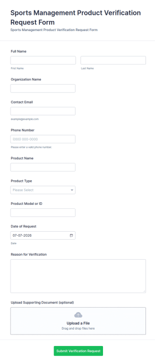 Sports Management Product Verification Request Form Template