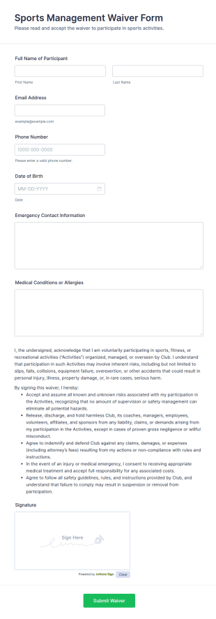 Sports Management Waiver Form Template