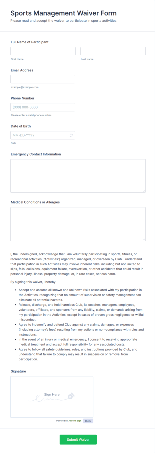 Sports Management Waiver Form Template